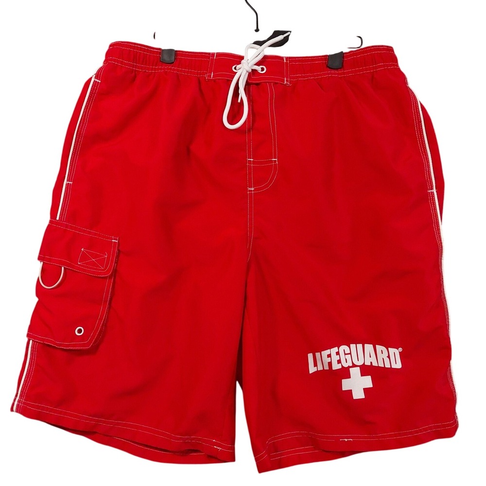 Lifeguard Cargo Shorts Mens Large Red Microfiber Swim Trunks Quick Dry Beach